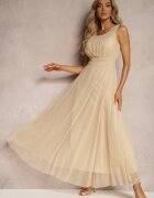 lovery Rochie de cocktail Bej cu fustă din tul Fără mâneci Elastar
