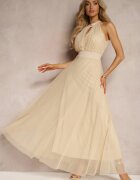 lovery Rochie de cocktail Bej cu plasă legată cu o curea din material textil cu guler înalt Nestassi