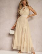 lovery Rochie de cocktail Bej cu plasă legată cu o curea din material textil cu guler înalt Nestassi