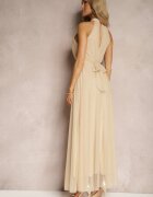 lovery Rochie de cocktail Bej cu plasă legată cu o curea din material textil cu guler înalt Nestassi