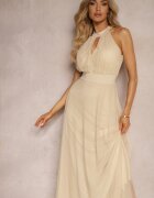 lovery Rochie de cocktail Bej cu plasă legată cu o curea din material textil cu guler înalt Nestassi