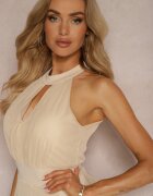 lovery Rochie de cocktail Bej cu plasă legată cu o curea din material textil cu guler înalt Nestassi