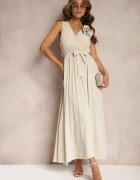 lovery Rochie de Cocktail Bej Plisată cu Broșă Florală Curea și Bandă Elastică în Talie Viknna
