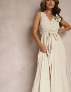 lovery Rochie de Cocktail Bej Plisată cu Broșă Florală Curea și Bandă Elastică în Talie Viknna