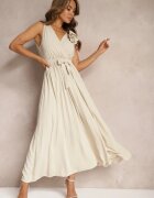 lovery Rochie de Cocktail Bej Plisată cu Broșă Florală Curea și Bandă Elastică în Talie Viknna