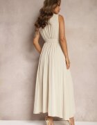 lovery Rochie de Cocktail Bej Plisată cu Broșă Florală Curea și Bandă Elastică în Talie Viknna