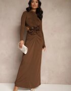 lovery Rochie De Cocktail Maro din Viscoză Decorată cu Floare 3D și Decupaje Hannith
