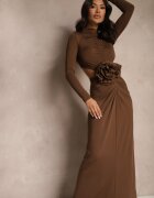 lovery Rochie De Cocktail Maro din Viscoză Decorată cu Floare 3D și Decupaje Hannith