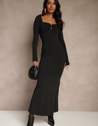 lovery Rochie de cocktail neagră cu vâscoză decorată cu aplicație metalică Refane