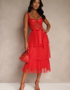 lovery Rochie de cocktail roșie cu bretele decorată cu paiete volane și fundă Inalisa