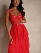 lovery Rochie de cocktail roșie cu bretele decorată cu paiete volane și fundă Inalisa