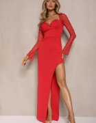 lovery Rochie de cocktail Roșie cu perle pe mâneci din plasă Inarette
