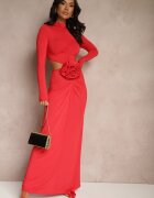lovery Rochie de cocktail Roșie cu Vâscoză Decorată cu Floare 3D și Decupaje Hannith