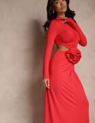 lovery Rochie de cocktail Roșie cu Vâscoză Decorată cu Floare 3D și Decupaje Hannith