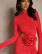 lovery Rochie de cocktail Roșie cu Vâscoză Decorată cu Floare 3D și Decupaje Hannith