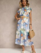 lovery Rochie evazată albastră deschisă decorată cu legătură și curea cu cataramă Sorisse