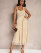 lovery Rochie Evazată Bej cu bretele cu elastic în talie cu volane Zafara