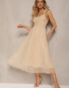 lovery Rochie Evazată Bej cu bretele cu elastic în talie cu volane Zafara