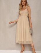 lovery Rochie Evazată Bej cu bretele cu elastic în talie cu volane Zafara
