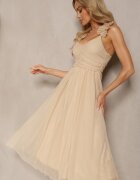 lovery Rochie Evazată Bej cu bretele cu elastic în talie cu volane Zafara