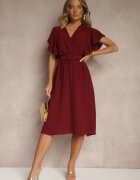 lovery Rochie Evazată Bordo cu curea și decolteu petrecut Brinnea