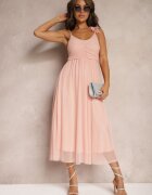 lovery Rochie Evazată Roz cu bretele cu elastic în talie cu volane Zafara