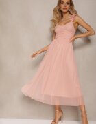 lovery Rochie Evazată Roz cu bretele cu elastic în talie cu volane Zafara