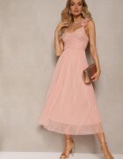 lovery Rochie Evazată Roz cu bretele cu elastic în talie cu volane Zafara