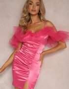 lovery Rochie Fucsia de satin cu volane de tul și încrețitură pe bretele Tinamell