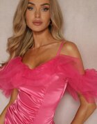 lovery Rochie Fucsia de satin cu volane de tul și încrețitură pe bretele Tinamell