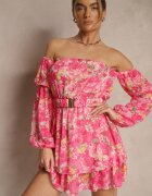 lovery Rochie Fucsia tip spaniolă din viscoză cu flori cu centură și volane Zelmoi
