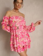 lovery Rochie Fucsia tip spaniolă din viscoză cu flori cu centură și volane Zelmoi
