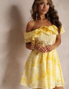 lovery Rochie Galbenă Brodată Mini cu Decolteu Spaniol și Elastic în Talie Nissi