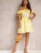lovery Rochie Galbenă Brodată Mini cu Decolteu Spaniol și Elastic în Talie Nissi
