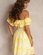 lovery Rochie Galbenă Brodată Mini cu Decolteu Spaniol și Elastic în Talie Nissi