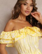 lovery Rochie Galbenă Brodată Mini cu Decolteu Spaniol și Elastic în Talie Nissi