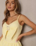 lovery Rochie Galbenă cu croială balon cu fundă la decolteu și cu Zirconii Palonira