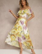lovery Rochie Galbenă stil spaniol cu Model Floral și Curea Împletită Sadeene
