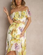 lovery Rochie Galbenă stil spaniol cu Model Floral și Curea Împletită Sadeene
