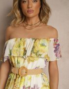 lovery Rochie Galbenă stil spaniol cu Model Floral și Curea Împletită Sadeene