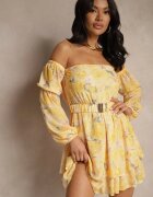 lovery Rochie Galbenă Stil Spaniolă din Vâscoză Florală cu Cordon și Volane Zelmoi