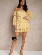 lovery Rochie Galbenă Stil Spaniolă din Vâscoză Florală cu Cordon și Volane Zelmoi
