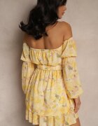 lovery Rochie Galbenă Stil Spaniolă din Vâscoză Florală cu Cordon și Volane Zelmoi