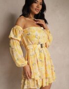 lovery Rochie Galbenă Stil Spaniolă din Vâscoză Florală cu Cordon și Volane Zelmoi