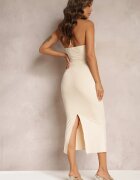 lovery Rochie midi bej cu legătură și decupaj decorată cu flori Zanephone