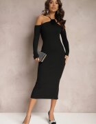 lovery Rochie Midi Neagră Rebrată Decorată Cu Fir Metalic și Floare Zorella