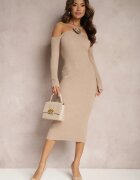 lovery Rochie Midi Reiată Bej Decorată Cu Fir Metalic și Cu Floare Zorella