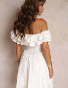 lovery Rochie Mini Albă Brodată cu Decolteu Spaniol și Elastic în Talie Nissi