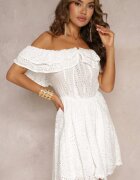 lovery Rochie Mini Albă Brodată cu Decolteu Spaniol și Elastic în Talie Nissi