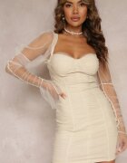 lovery Rochie Mini Bejă cu croi mulat cu inserții de tul transparent Oiucan